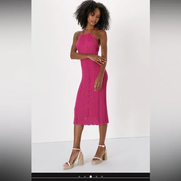Sensational Sunshine Magenta Crochet Halter Midi Dress - Picture 3 of 3